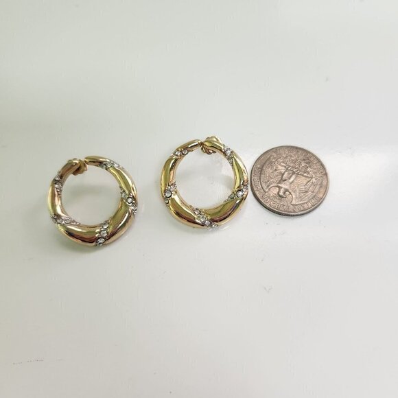 Vintage Goldtone Bezel Set Rhinestone Ribbons Stud Earrings - Picture 3 of 3